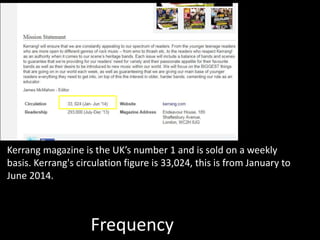 Frequency
Kerrang magazine is the UK’s number 1 and is sold on a weekly
basis. Kerrang's circulation figure is 33,024, this is from January to
June 2014.
 