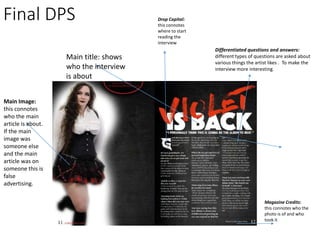 Final DPS
Differentiated questions and answers:
different types of questions are asked about
various things the artist likes . To make the
interview more interesting.
Drop Capital:
this connotes
where to start
reading the
interview
Magazine Credits:
this connotes who the
photo is of and who
took it
Main title: shows
who the interview
is about
Main Image:
this connotes
who the main
article is about.
If the main
image was
someone else
and the main
article was on
someone this is
false
advertising.
 
