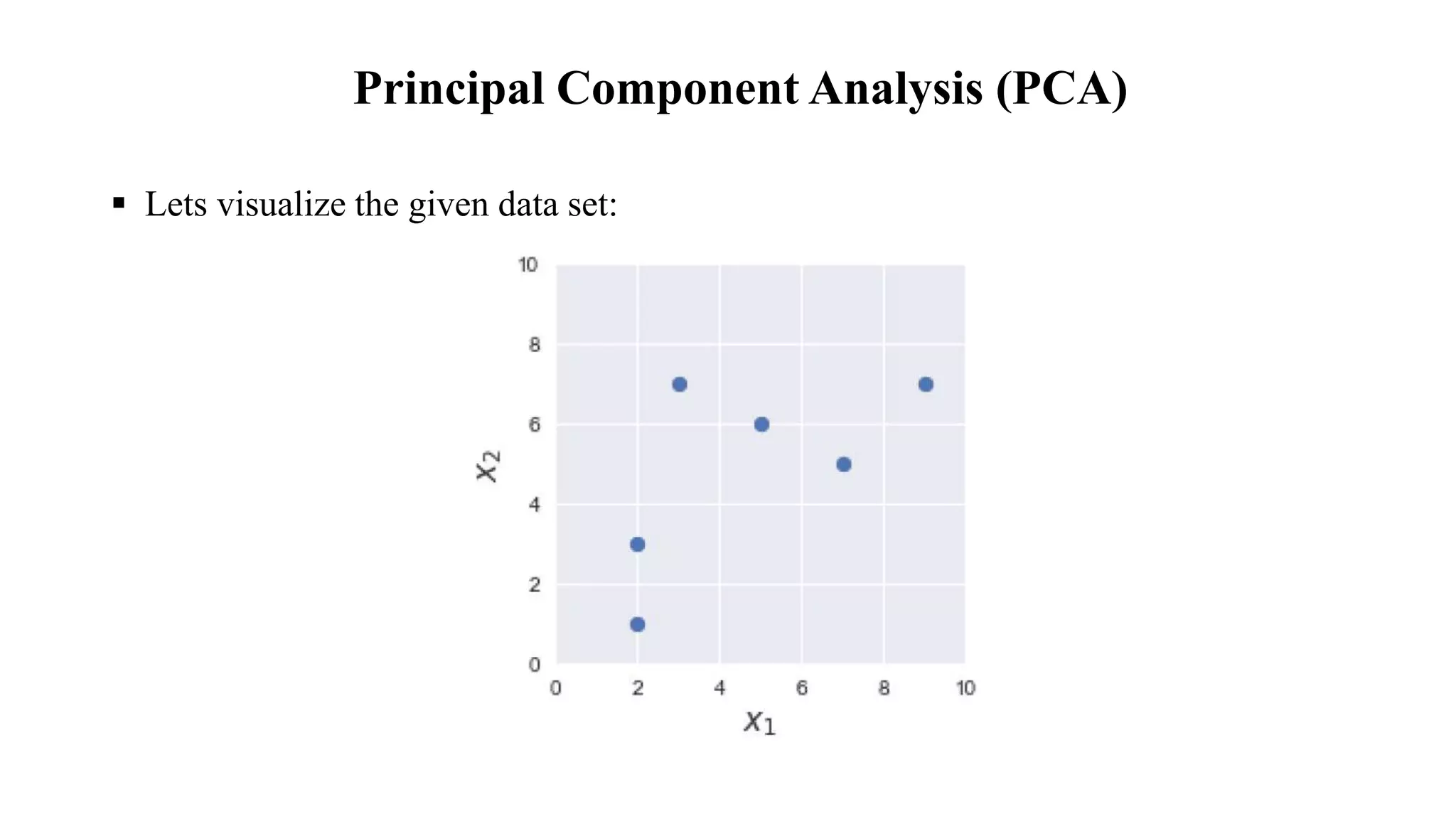  Lets visualize the given data set:
Principal Component Analysis (PCA)
 