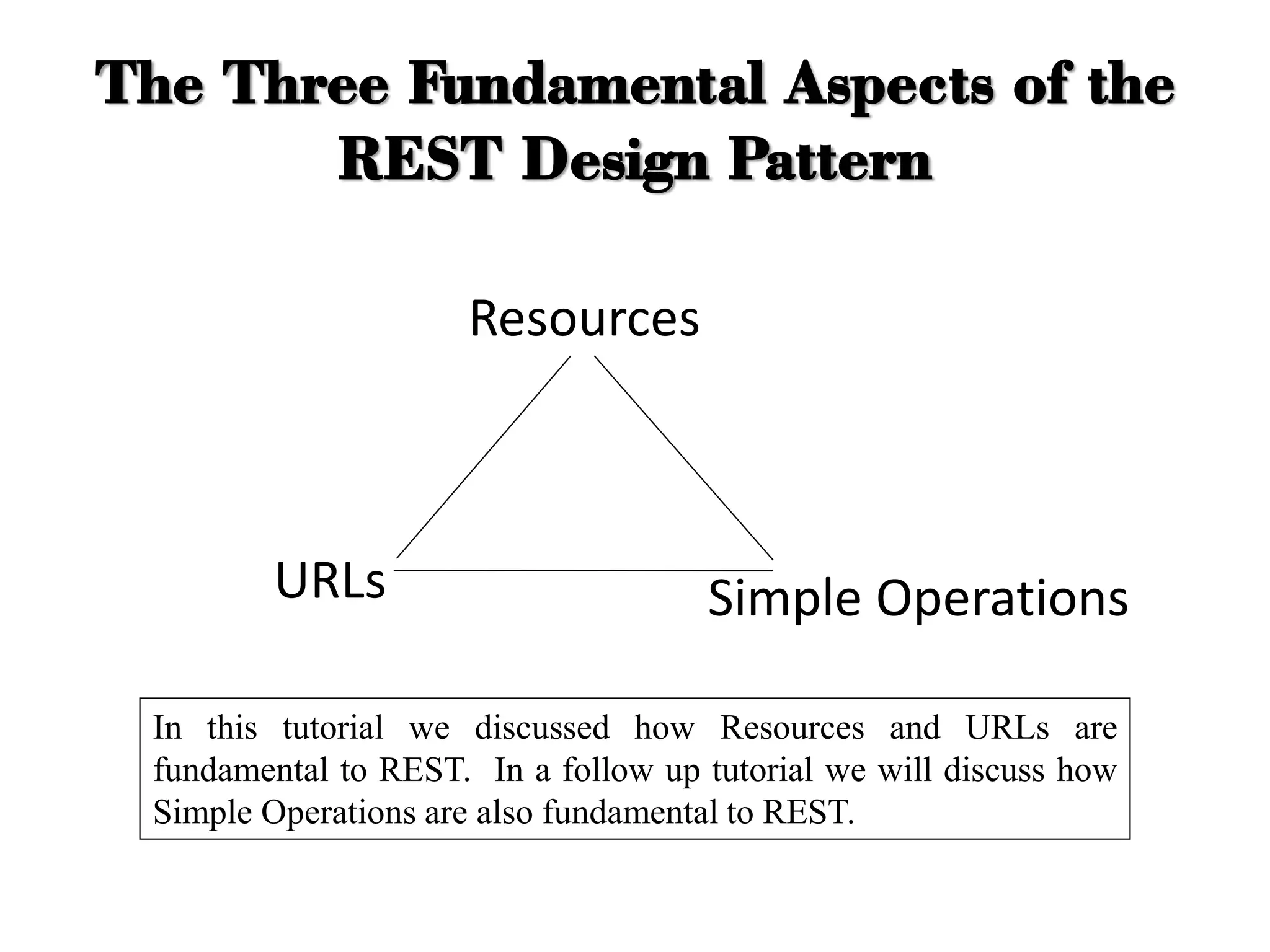 The Three Fundamental Aspects of the
REST Design Pattern
Resources
URLs Simple Operations
In this tutorial we discussed how Resources and URLs are
fundamental to REST. In a follow up tutorial we will discuss how
Simple Operations are also fundamental to REST.
 