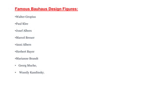 Famous Bauhaus Design Figures:
•Walter Gropius
•Paul Klee
•Josef Albers
•Marcel Breuer
•Anni Albers
•Herbert Bayer
•Marianne Brandt
• Georg Muche,
• Wassily Kandinsky.
 