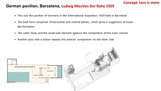 • German Pavilion, Barcelona, Spain
German pavilion, Barcelona, Ludwig MiesVan Der Rohe 1929
Concept: Less is more
 