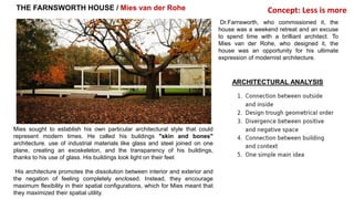 THE FARNSWORTH HOUSE / Mies van der Rohe
Dr.Farnsworth, who commissioned it, the
house was a weekend retreat and an excuse
to spend time with a brilliant architect. To
Mies van der Rohe, who designed it, the
house was an opportunity for his ultimate
expression of modernist architecture.
ARCHITECTURAL ANALYSIS
Mies sought to establish his own particular architectural style that could
represent modern times. He called his buildings "skin and bones"
architecture. use of industrial materials like glass and steel joined on one
plane, creating an exoskeleton, and the transparency of his buildings,
thanks to his use of glass. His buildings look light on their feet
His architecture promotes the dissolution between interior and exterior and
the negation of feeling completely enclosed. Instead, they encourage
maximum flexibility in their spatial configurations, which for Mies meant that
they maximized their spatial utility.
Concept: Less is more
 