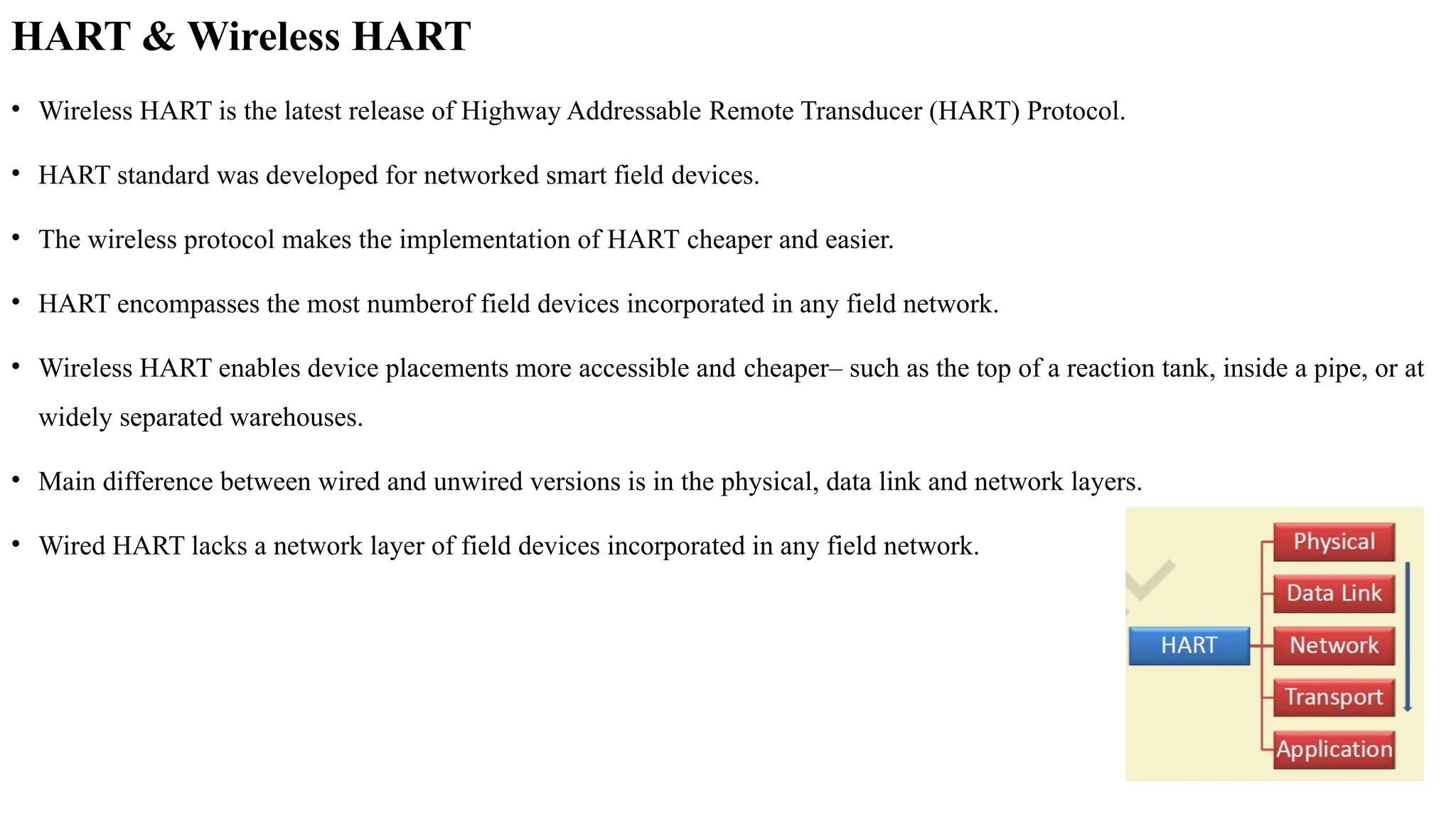 HART & Wireless HART
• Wireless HART is the latest release of Highway Addressable Remote Transducer (HART) Protocol.
• HART standard was developed for networked smart field devices.
• The wireless protocol makes the implementation of HART cheaper and easier.
• HART encompasses the most numberof field devices incorporated in any field network.
• Wireless HART enables device placements more accessible and cheaper– such as the top of a reaction tank, inside a pipe, or at
widely separated warehouses.
• Main difference between wired and unwired versions is in the physical, data link and network layers.
• Wired HART lacks a network layer of field devices incorporated in any field network.
 