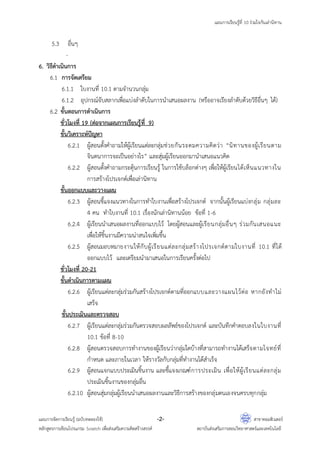 แผนการเรียนรู้ที่ 10 ร่วมใจกันเล่านิทาน
แผนการจัดการเรียนรู้ (ฉบับทดลองใช้) -2- สาขาคอมพิวเตอร์
หลักสูตรการเขียนโปรแกรม Scratch เพื่อส่งเสริมความคิดสร้างสรรค์ สถาบันส่งเสริมการสอนวิทยาศาสตร์และเทคโนโลยี
5.3 อื่นๆ
-
6. วิธีดาเนินการ
6.1 การจัดเตรียม
6.1.1 ใบงานที่ 10.1 ตามจานวนกลุ่ม
6.1.2 อุปกรณ์จับสลากเพื่อแบ่งลาดับในการนาเสนอผลงาน (หรืออาจเรียงลาดับด้วยวิธีอื่นๆ ได้)
6.2 ขั้นตอนการดาเนินการ
ชั่วโมงที่ 19 (ต่อจากแผนการเรียนรู้ที่ 9)
ขั้นวิเคราะห์ปัญหา
6.2.1 ผู้สอนตั้งคาถามให้ผู้เรียนแต่ละกลุ่มช่วยกันระดมความคิดว่า “นิทานของผู้เรียนตาม
จินตนาการจะเป็นอย่างไร” และสุ่มผู้เรียนออกมานาเสนอแนวคิด
6.2.2 ผู้สอนตั้งคาถามกระตุ้นการเรียนรู้ ในการใช้บล็อกต่างๆ เพื่อให้ผู้เรียนได้เห็นแนวทางใน
การสร้างโปรเจกต์เพื่อเล่านิทาน
ขั้นออกแบบและวางแผน
6.2.3 ผู้สอนชี้แจงแนวทางในการทาใบงานเพื่อสร้างโปรเจกต์ จากนั้นผู้เรียนแบ่งกลุ่ม กลุ่มละ
4 คน ทาใบงานที่ 10.1 เรื่องนักเล่านิทานน้อย ข้อที่ 1-6
6.2.4 ผู้เรียนนาเสนอผลงานที่ออกแบบไว้ โดยผู้สอนและผู้เรียนกลุ่มอื่นๆ ร่วมกันเสนอแนะ
เพื่อให้ชิ้นงานมีความน่าสนใจเพิ่มขึ้น
6.2.5 ผู้สอนมอบหมายงานให้กับผู้เรียนแต่ละกลุ่มสร้างโปรเจกต์ตามใบงานที่ 10.1 ที่ได้
ออกแบบไว้ และเตรียมนามาเสนอในการเรียนครั้งต่อไป
ชั่วโมงที่ 20-21
ขั้นดาเนินการตามแผน
6.2.6 ผู้เรียนแต่ละกลุ่มร่วมกันสร้างโปรเจกต์ตามที่ออกแบบและวางแผนไว้ต่อ หากยังทาไม่
เสร็จ
ขั้นประเมินและตรวจสอบ
6.2.7 ผู้เรียนแต่ละกลุ่มร่วมกันตรวจสอบผลลัพธ์ของโปรเจกต์ และบันทึกคาตอบลงในใบงานที่
10.1 ข้อที่ 8-10
6.2.8 ผู้สอนตรวจสอบการทางานของผู้เรียนว่ากลุ่มใดบ้างที่สามารถทางานได้เสร็จตามโจทย์ที่
กาหนด และภายในเวลา ให้รางวัลกับกลุ่มที่ทางานได้สาเร็จ
6.2.9 ผู้สอนแจกแบบประเมินชิ้นงาน และชี้แจงเกณฑ์การประเมิน เพื่อให้ผู้เรียนแต่ละกลุ่ม
ประเมินชิ้นงานของกลุ่มอื่น
6.2.10 ผู้สอนสุ่มกลุ่มผู้เรียนนาเสนอผลงานและวิธีการสร้างของกลุ่มตนเองจนครบทุกกลุ่ม
 