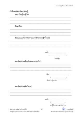 แผนการเรียนรู้ที่ 10 ร่วมใจกันเล่านิทาน
แผนการจัดการเรียนรู้ (ฉบับทดลองใช้) -4- สาขาคอมพิวเตอร์
หลักสูตรการเขียนโปรแกรม Scratch เพื่อส่งเสริมความคิดสร้างสรรค์ สถาบันส่งเสริมการสอนวิทยาศาสตร์และเทคโนโลยี
บันทึกผลหลังการจัดการเรียนรู้
ผลการเรียนรู้ของผู้เรียน
…………………………………………………………………………………………………………………………………………………………
…………………………………………………………………………………………………………………………………………………………
………………………………………………………………………………………………………………………………………………..…....
ปัญหาที่พบ
…………………………………………………………………………………………………………………………………………………………
…………………………………………………………………………………………………………………………………………………………
………………………………………………………………………………………………………………………………………………………
ข้อเสนอแนะเพื่อการพัฒนาแผนการจัดการเรียนรู้ครั้งต่อไป
…………………………………………………………………………………………………………………………………………………………
…………………………………………………………………………………………………………………………………………………………
………………………………………………………………………………………………………………………………………………………
ลงชื่อ......................................................
(..................................................)
ครูผู้สอน
ความคิดเห็นของหัวหน้ากลุ่มสาระการเรียนรู้
…………………………………………………………………………………………………………………………………………………………
…………………………………………………………………………………………………………………………………………………………
…………………………………………………………………………………………………………………………………………………………
ลงชื่อ………………………………………………….
(............................................)
หัวหน้ากลุ่มสาระ……………………………………………………..
ความคิดเห็นของฝ่ายวิชาการ
…………………………………………………………………………………………………………………………………………………………
…………………………………………………………………………………………………………………………………………………………
…………………………………………………………………………………………………………………………………………………………
ลงชื่อ…………………………..………………….
(…………………………………….)
รองผู้อานวยการฝ่ายวิชาการ
 