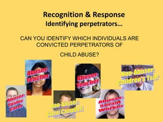Recognition & Response
Identifying perpetrators…
CAN YOU IDENTIFY WHICH INDIVIDUALS ARE
CONVICTED PERPETRATORS OF
CHILD ABUSE?
 