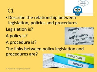 •Describe the relationship between
legislation, policies and procedures
Legislation is?
A policy is?
A procedure is?
The links between policy legislation and
procedures are?
C1
© Hodder & Stoughton Limited
 