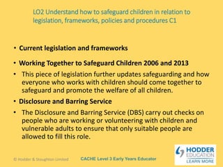 CACHE Level 3 Early Years Educator
• Working Together to Safeguard Children 2006 and 2013
• This piece of legislation further updates safeguarding and how
everyone who works with children should come together to
safeguard and promote the welfare of all children.
• Disclosure and Barring Service
• The Disclosure and Barring Service (DBS) carry out checks on
people who are working or volunteering with children and
vulnerable adults to ensure that only suitable people are
allowed to fill this role.
• Current legislation and frameworks
© Hodder & Stoughton Limited
LO2 Understand how to safeguard children in relation to
legislation, frameworks, policies and procedures C1
 
