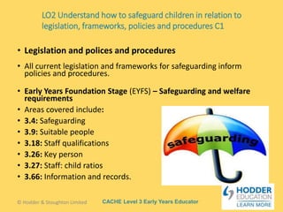 CACHE Level 3 Early Years Educator
• All current legislation and frameworks for safeguarding inform
policies and procedures.
• Early Years Foundation Stage (EYFS) – Safeguarding and welfare
requirements
• Areas covered include:
• 3.4: Safeguarding
• 3.9: Suitable people
• 3.18: Staff qualifications
• 3.26: Key person
• 3.27: Staff: child ratios
• 3.66: Information and records.
• Legislation and polices and procedures
© Hodder & Stoughton Limited
LO2 Understand how to safeguard children in relation to
legislation, frameworks, policies and procedures C1
 
