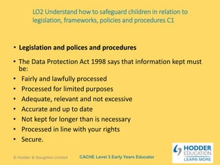 CACHE Level 3 Early Years Educator
• The Data Protection Act 1998 says that information kept must
be:
• Fairly and lawfully processed
• Processed for limited purposes
• Adequate, relevant and not excessive
• Accurate and up to date
• Not kept for longer than is necessary
• Processed in line with your rights
• Secure.
• Legislation and polices and procedures
© Hodder & Stoughton Limited
LO2 Understand how to safeguard children in relation to
legislation, frameworks, policies and procedures C1
 