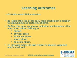 CACHE Level 3 Early Years Educator
• LO3 Understand child protection.
• B1 Explain the role of the early years practitioner in relation
to safeguarding and protecting children.
• D4 Describe signs, symptoms, indicators and behaviours that
may cause concern relating to:
• neglect
• physical abuse
• emotional abuse
• sexual abuse
• domestic abuse.
• C3 Describe actions to take if harm or abuse is suspected
and/or disclosed.
© Hodder & Stoughton Limited
 