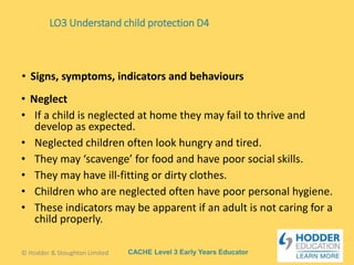 CACHE Level 3 Early Years Educator
• Neglect
• If a child is neglected at home they may fail to thrive and
develop as expected.
• Neglected children often look hungry and tired.
• They may ‘scavenge’ for food and have poor social skills.
• They may have ill-fitting or dirty clothes.
• Children who are neglected often have poor personal hygiene.
• These indicators may be apparent if an adult is not caring for a
child properly.
• Signs, symptoms, indicators and behaviours
LO3 Understand child protection D4
© Hodder & Stoughton Limited
 