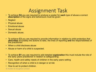 • To achieve D4 you are required to produce a poster for each type of abuse a correct
description of the signs and behaviours must be given:
• Neglect
• Physical abuse
• Emotional abuse
• Sexual abuse
• Domestic abuse.
• To achieve C3 you are required to provide information in relation to child protection that
describes accurately the actions to take, the lines of reporting and the responsibilities of
the practitioner:
• When a child discloses abuse
• Abuse or harm of a child is suspected.
• To achieve B1 you are required to add detailed explanation this must include the role of
the early years practitioner in relation to safeguarding:
• Care, health and safety needs of children in the early years setting
• Recognition of when a child is in danger or at risk
• How to act to protect children.
Assignment Task
© Hodder & Stoughton Limited
 