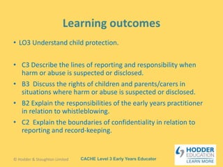 CACHE Level 3 Early Years Educator
• LO3 Understand child protection.
• C3 Describe the lines of reporting and responsibility when
harm or abuse is suspected or disclosed.
• B3 Discuss the rights of children and parents/carers in
situations where harm or abuse is suspected or disclosed.
• B2 Explain the responsibilities of the early years practitioner
in relation to whistleblowing.
• C2 Explain the boundaries of confidentiality in relation to
reporting and record-keeping.
© Hodder & Stoughton Limited
 