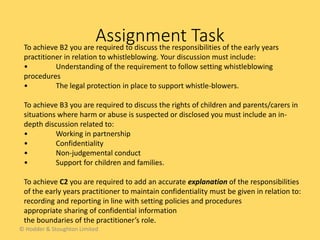 Assignment Task
© Hodder & Stoughton Limited
To achieve B2 you are required to discuss the responsibilities of the early years
practitioner in relation to whistleblowing. Your discussion must include:
• Understanding of the requirement to follow setting whistleblowing
procedures
• The legal protection in place to support whistle-blowers.
To achieve B3 you are required to discuss the rights of children and parents/carers in
situations where harm or abuse is suspected or disclosed you must include an in-
depth discussion related to:
• Working in partnership
• Confidentiality
• Non-judgemental conduct
• Support for children and families.
To achieve C2 you are required to add an accurate explanation of the responsibilities
of the early years practitioner to maintain confidentiality must be given in relation to:
recording and reporting in line with setting policies and procedures
appropriate sharing of confidential information
the boundaries of the practitioner’s role.
 