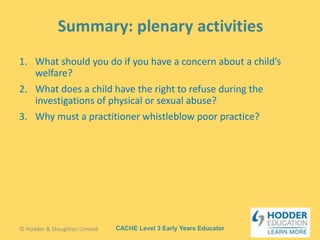 CACHE Level 3 Early Years Educator
1. What should you do if you have a concern about a child’s
welfare?
2. What does a child have the right to refuse during the
investigations of physical or sexual abuse?
3. Why must a practitioner whistleblow poor practice?
© Hodder & Stoughton Limited
 