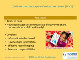 CACHE Level 3 Early Years Educator
Pairs activity
• Time: 15 mins
• How should agencies communicate effectively to share
concerns about a child and family?
• Consider:
• Information to be shared
• How to share information
• Effective record keeping
• Roles and responsibilities.
© Hodder & Stoughton Limited
LO4 Understand the purpose of serious case reviews [AC 4.1]
 