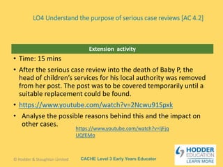 CACHE Level 3 Early Years Educator
Extension activity
• Time: 15 mins
• After the serious case review into the death of Baby P, the
head of children’s services for his local authority was removed
from her post. The post was to be covered temporarily until a
suitable replacement could be found.
• https://www.youtube.com/watch?v=2Ncwu91Spxk
• Analyse the possible reasons behind this and the impact on
other cases.
© Hodder & Stoughton Limited
LO4 Understand the purpose of serious case reviews [AC 4.2]
https://www.youtube.com/watch?v=ljFjq
UQfEMo
 