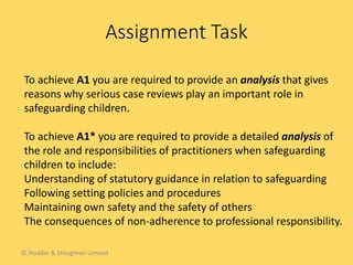 Assignment Task
© Hodder & Stoughton Limited
To achieve A1 you are required to provide an analysis that gives
reasons why serious case reviews play an important role in
safeguarding children.
To achieve A1* you are required to provide a detailed analysis of
the role and responsibilities of practitioners when safeguarding
children to include:
Understanding of statutory guidance in relation to safeguarding
Following setting policies and procedures
Maintaining own safety and the safety of others
The consequences of non-adherence to professional responsibility.
 