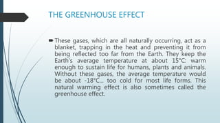 THE GREENHOUSE EFFECT
These gases, which are all naturally occurring, act as a
blanket, trapping in the heat and preventing it from
being reflected too far from the Earth. They keep the
Earth's average temperature at about 15°C: warm
enough to sustain life for humans, plants and animals.
Without these gases, the average temperature would
be about -18°C... too cold for most life forms. This
natural warming effect is also sometimes called the
greenhouse effect.
 
