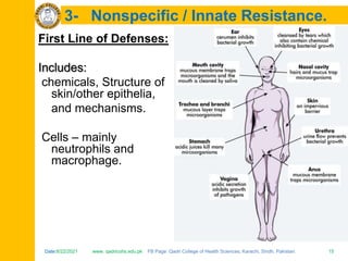 Date:6/22/2021 www. qadricohs.edu.pk FB Page: Qadri College of Health Sciences, Karachi, Sindh, Pakistan. 15
Date:6/22/2021 www. qadricohs.edu.pk FB Page: Qadri College of Health Sciences, Karachi, Sindh, Pakistan. 15
3- Nonspecific / Innate Resistance.
First Line of Defenses:
Includes:
chemicals, Structure of
skin/other epithelia,
and mechanisms.
Cells – mainly
neutrophils and
macrophage.
 