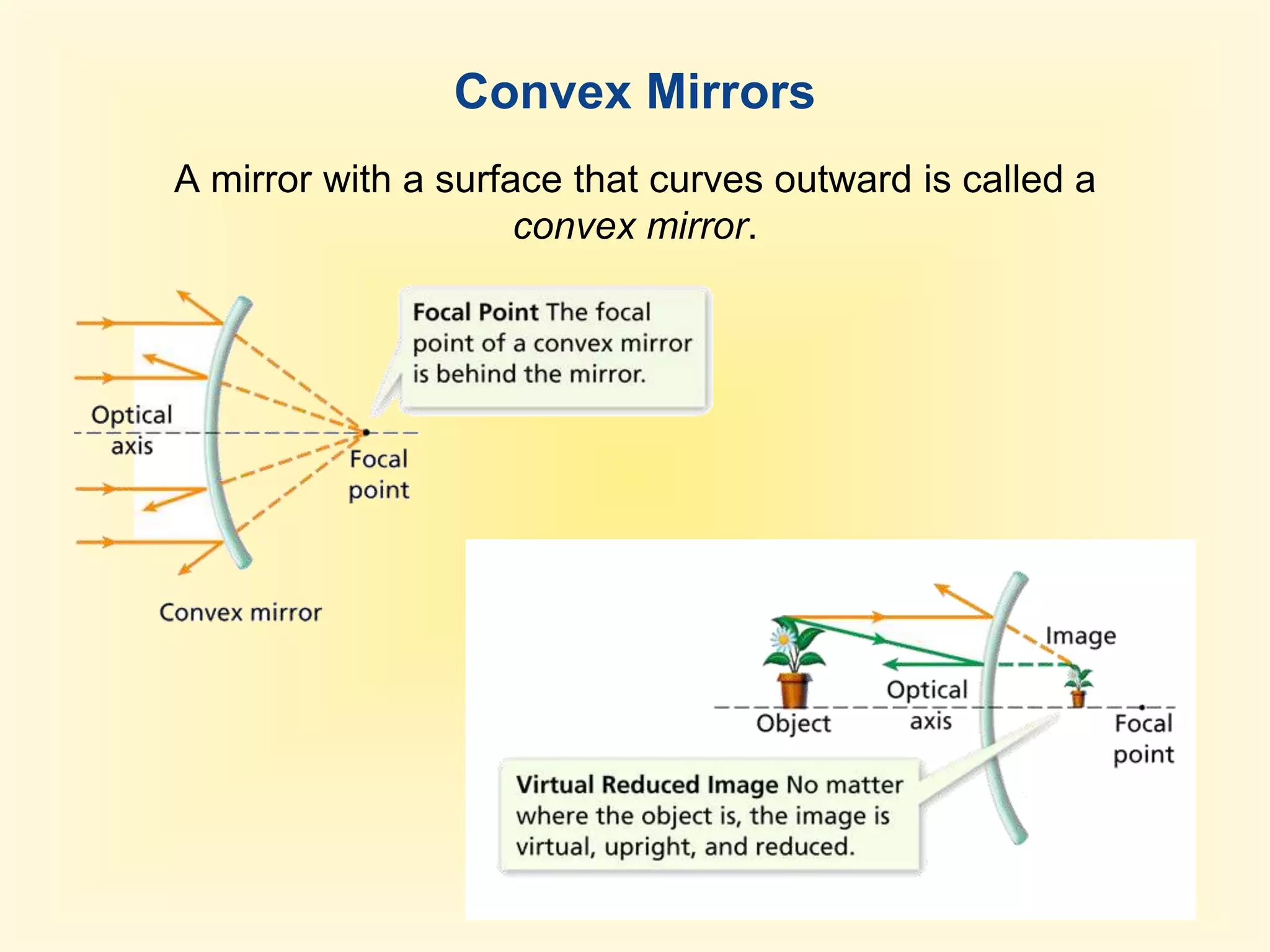 - Reflection and MirrorsConcave MirrorsA mirror with a surface that curves inward like the inside of a bowl is a concave mirror.