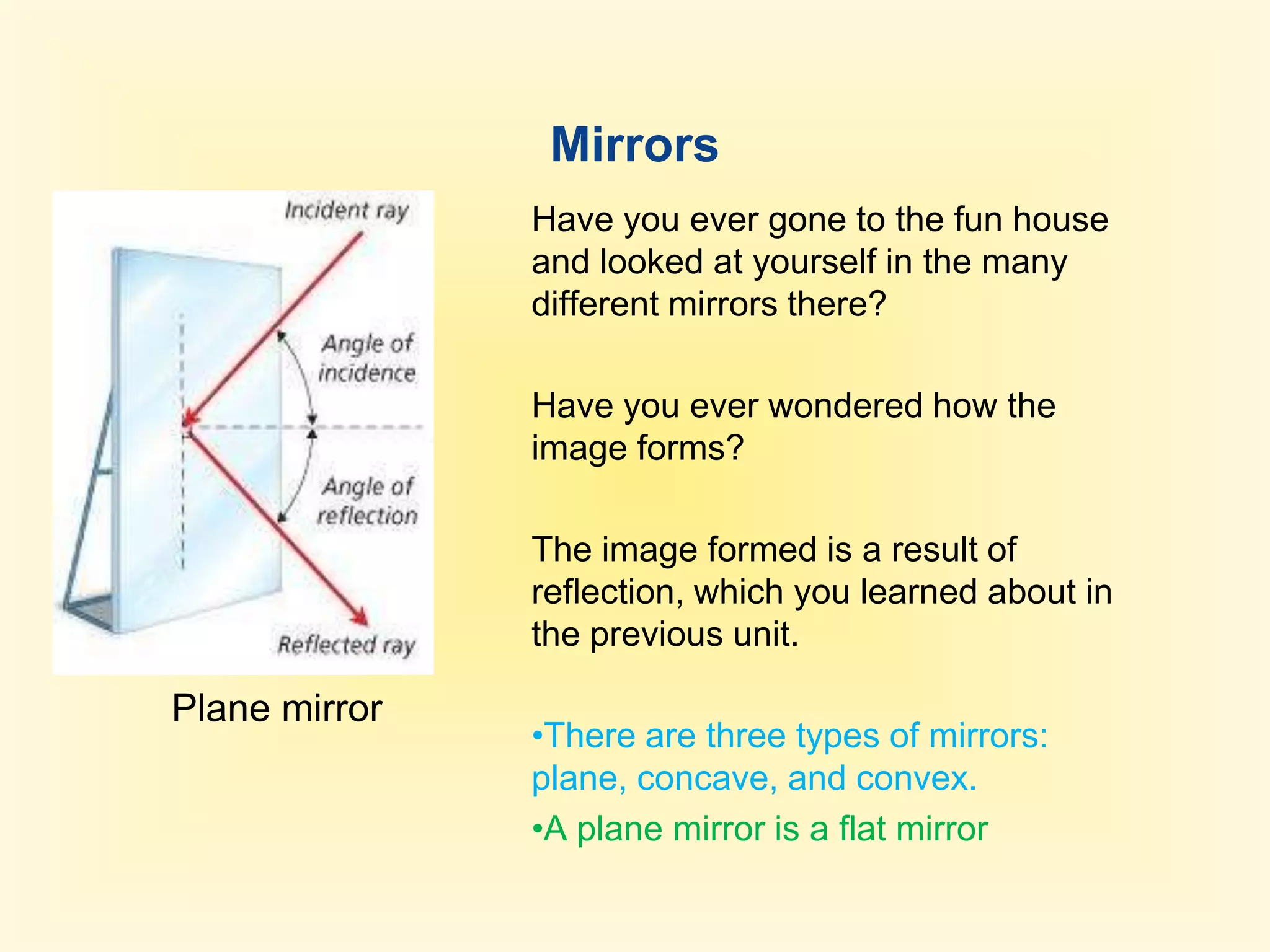 Mirrors Have you ever gone to the fun house and looked at yourself in the many different mirrors there? Have you ever wondered how the image forms? The image formed is a result of reflection, which you learned about in the previous unit. There are three types of mirrors: plane, concave, and convex. 