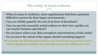 The reality of cloud resilience
 When it comes to resilience, most organizations find these questions
difficult to answer for their legacy environments:
 Can you reliably quantify the cost of an hour of downtime?
 Can you provide accurately tested evidence to show how quickly you
can resume business operations?
 Do you know where your data corruption concentrations of risk reside?
 Do you know the extent of the impact should something happen?
On average, an infrastructure failure can cost $100,000 an hour and a
critical application failure can cost $500,000 to $1 million per hour.
 