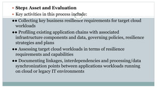  Step1 Asset and Evaluation
 Key activities in this process include:
●● Collecting key business resilience requirements for target cloud
workloads
●● Profiling existing application chains with associated
infrastructure components and data, governing policies, resilience
strategies and plans
●● Assessing target cloud workloads in terms of resilience
requirements and capabilities
●● Documenting linkages, interdependencies and processing/data
synchronization points between applications workloads running
on cloud or legacy IT environments
 