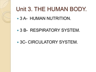 Unit 3. THE HUMAN BODY.


3 A- HUMAN NUTRITION.



3 B- RESPIRATORY SYSTEM.



3C- CIRCULATORY SYSTEM.

 