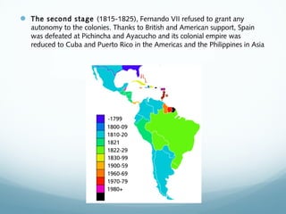  The second stage (1815-1825), Fernando VII refused to grant any
autonomy to the colonies. Thanks to British and American support, Spain
was defeated at Pichincha and Ayacucho and its colonial empire was
reduced to Cuba and Puerto Rico in the Americas and the Philippines in Asia
 