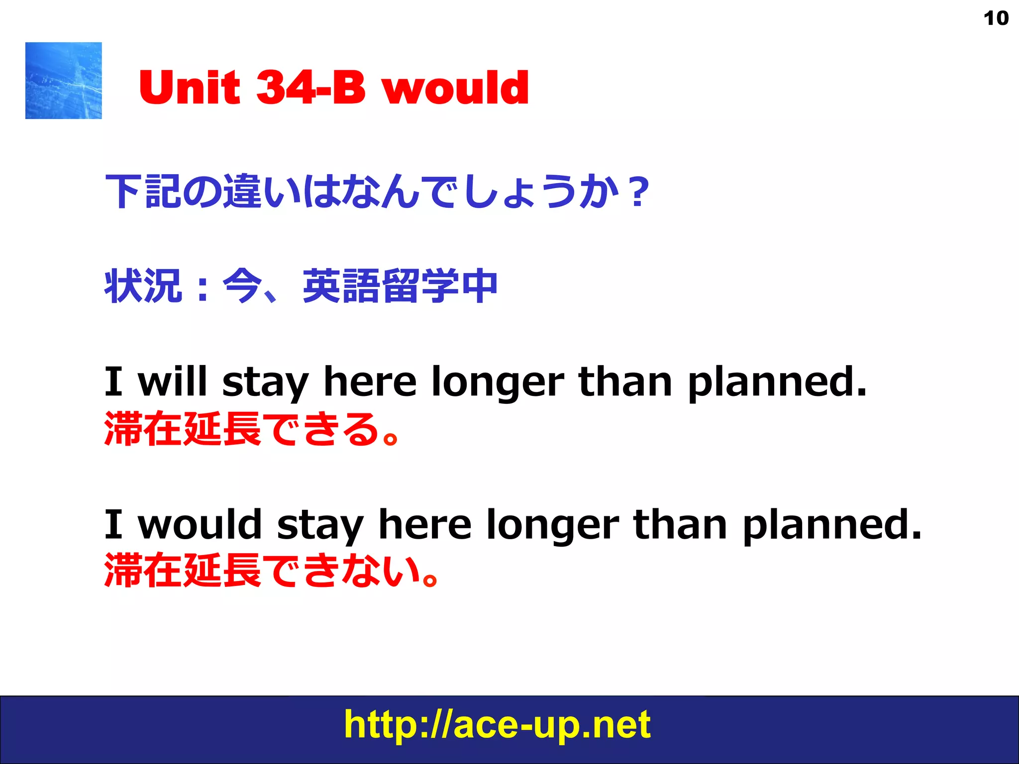 http://ace-up.net
10
Unit 34-B would
下記の違いはなんでしょうか？
状況：今、英語留留学中
I  will  stay  here  longer  than  planned.                  
滞在延⻑⾧長できる。
I  would  stay  here  longer  than  planned. 　
滞在延⻑⾧長できない。
 