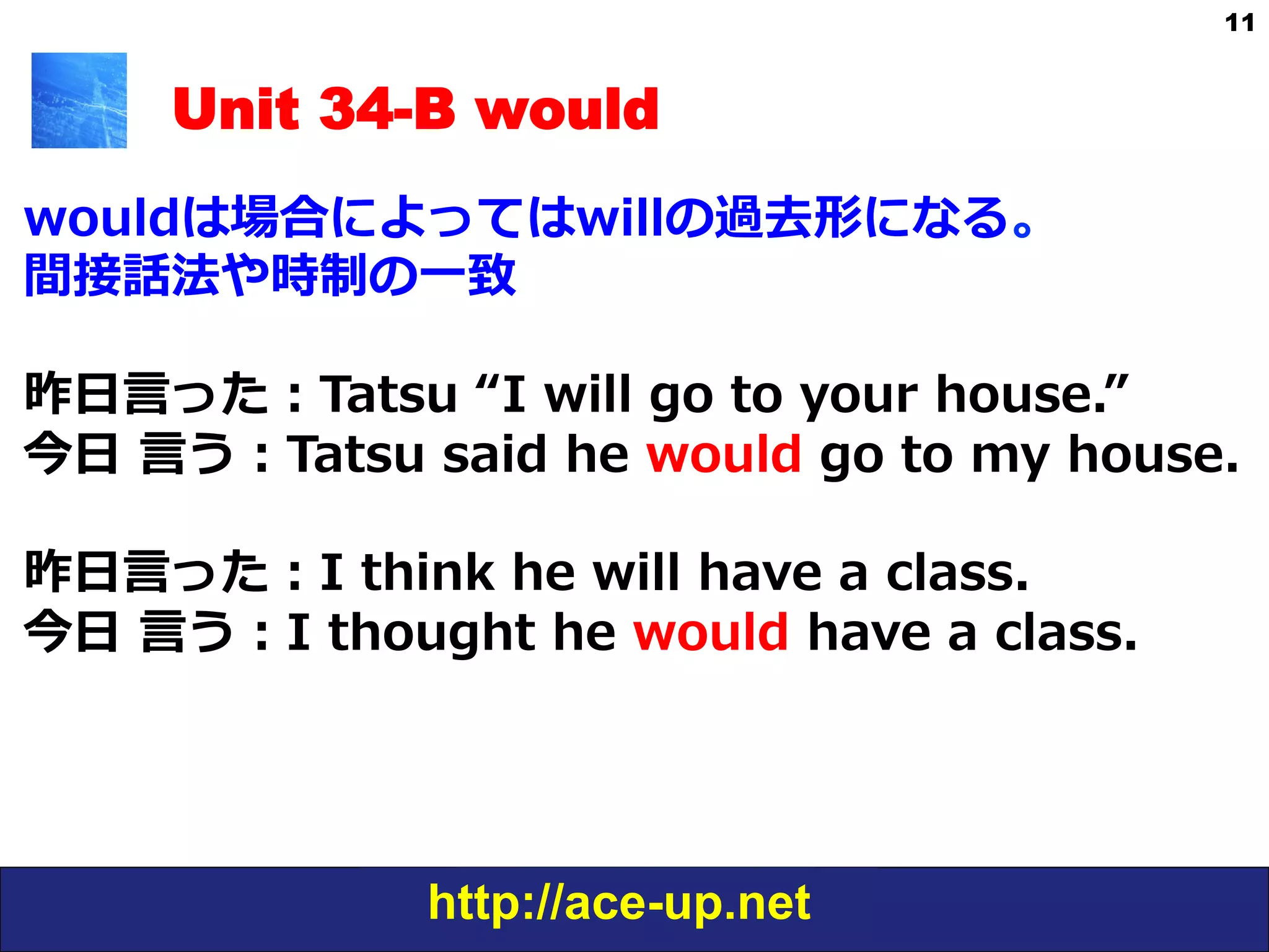 http://ace-up.net
11
Unit 34-B would
wouldは場合によってはwillの過去形になる。
間接話法や時制の⼀一致
昨⽇日⾔言った：Tatsu  “I  will  go  to  your  house.”
今⽇日  ⾔言う：Tatsu  said  he  would  go  to  my  house.
  
昨⽇日⾔言った：I  think  he  will  have  a  class.  
今⽇日  ⾔言う：I  thought  he  would  have  a  class.
 
