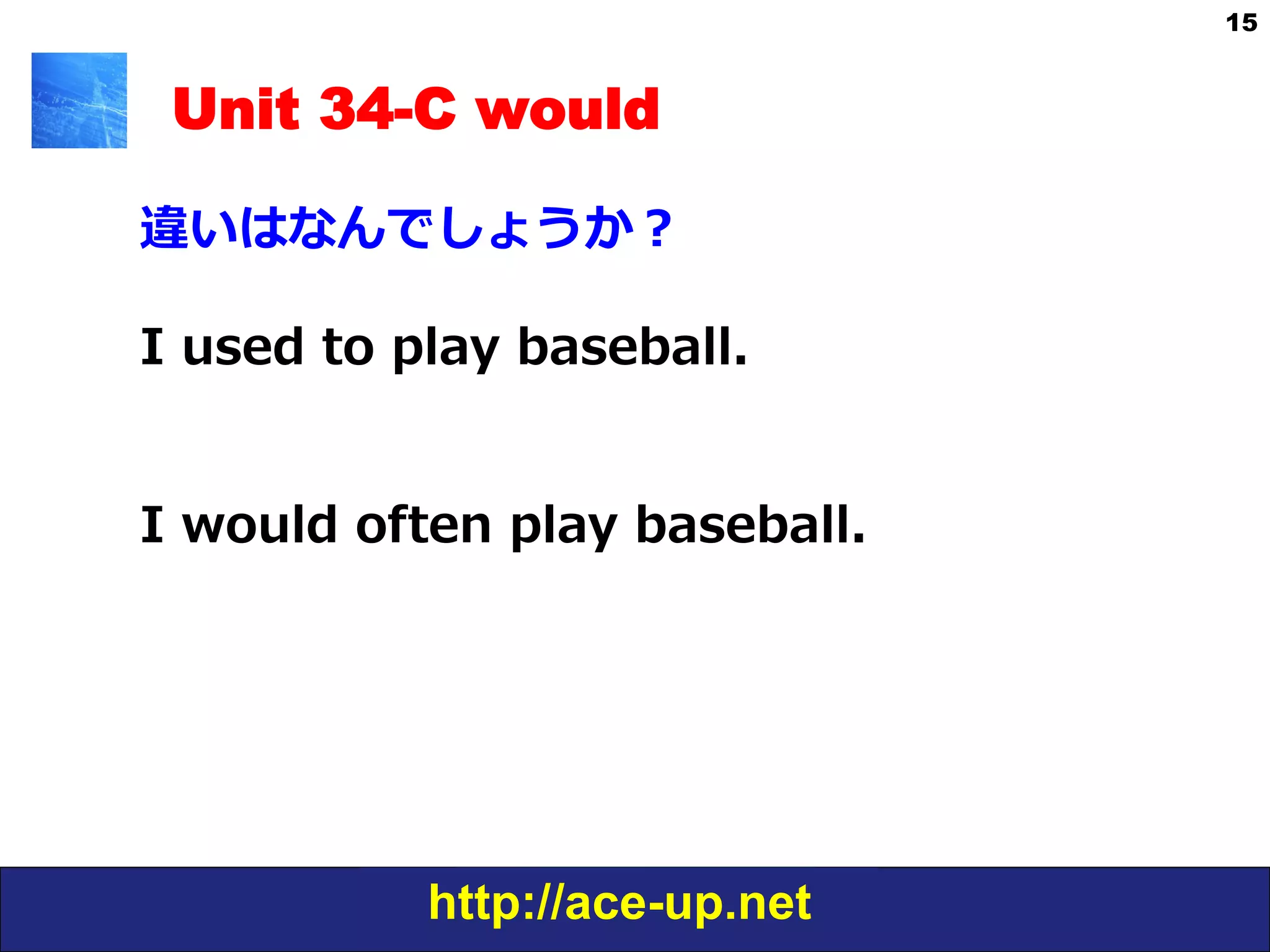 http://ace-up.net
15
Unit 34-C would
違いはなんでしょうか？
I  used  to  play  baseball.
I  would  often  play  baseball.
 