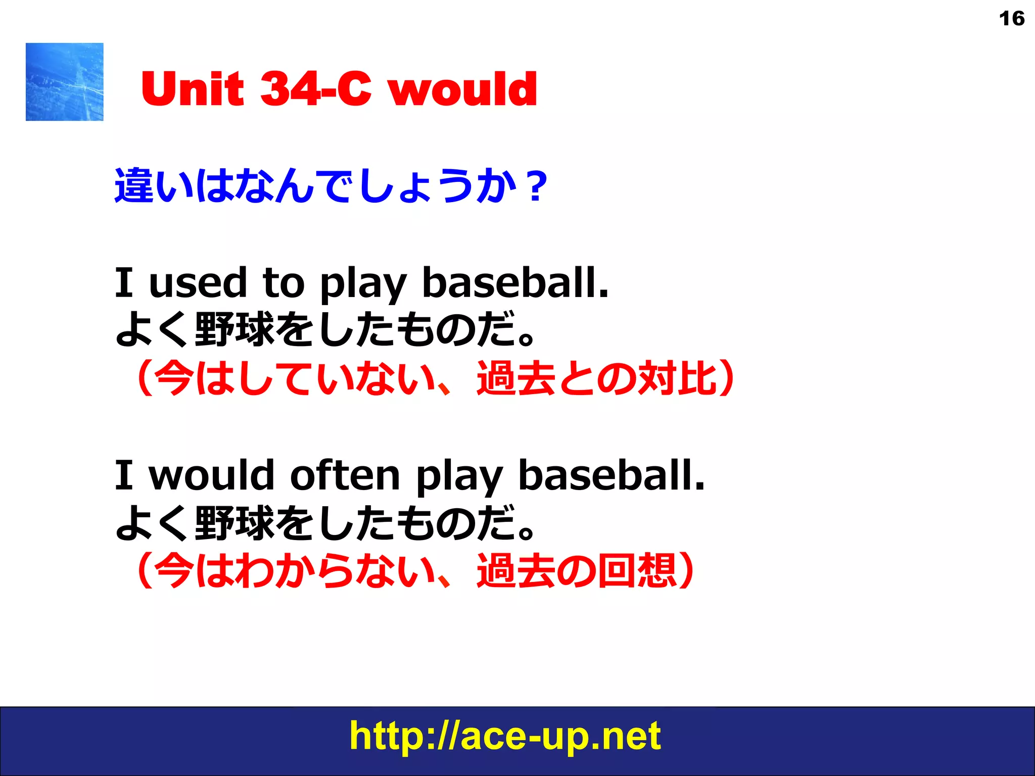 http://ace-up.net
16
Unit 34-C would
違いはなんでしょうか？
I  used  to  play  baseball.
よく野球をしたものだ。
（今はしていない、過去との対⽐比）
I  would  often  play  baseball.
よく野球をしたものだ。
（今はわからない、過去の回想）
 