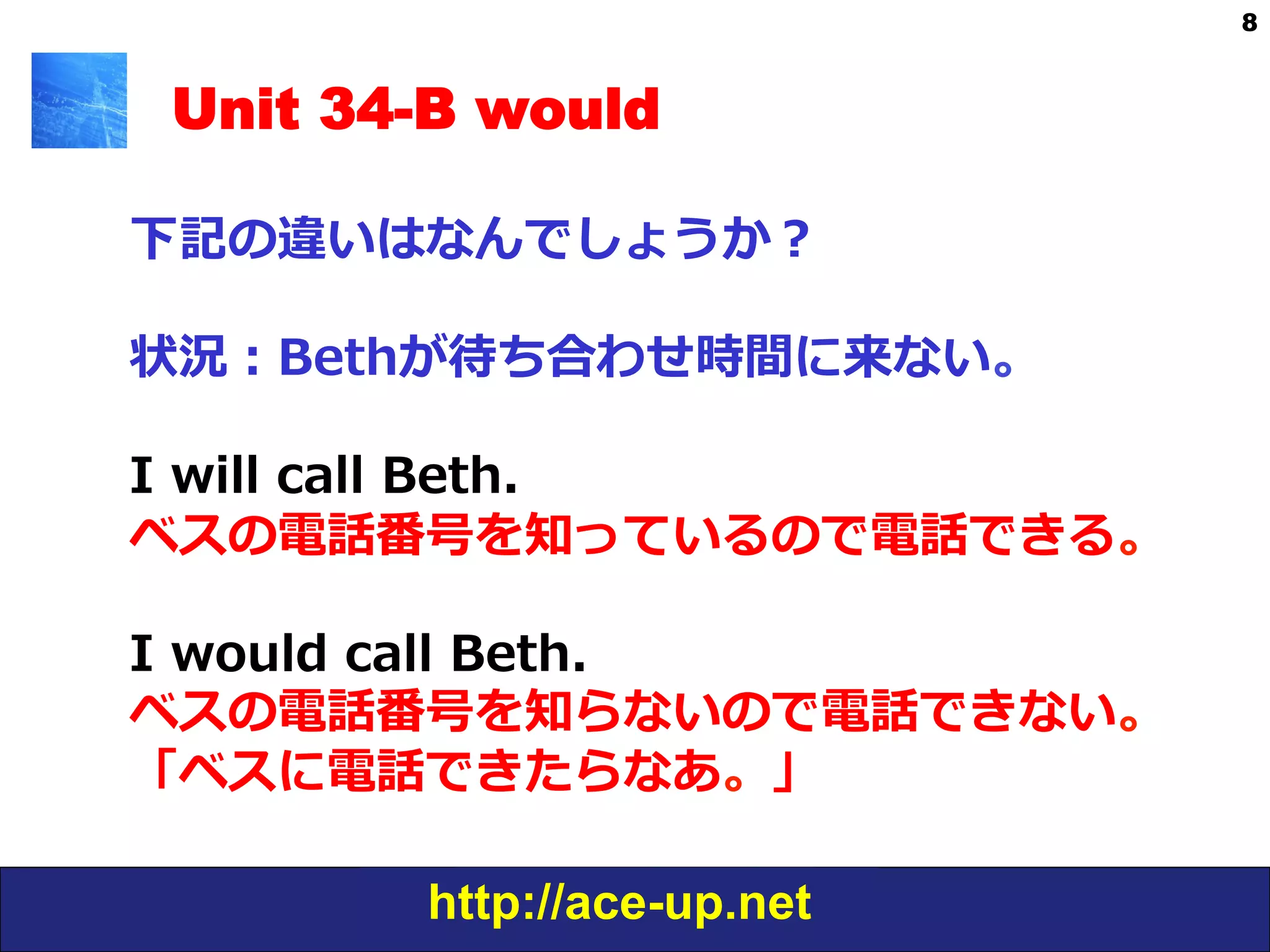 http://ace-up.net
8
Unit 34-B would
下記の違いはなんでしょうか？
状況：Bethが待ち合わせ時間に来ない。
I  will  call  Beth.  
ベスの電話番号を知っているので電話できる。
I  would  call  Beth.  
ベスの電話番号を知らないので電話できない。
「ベスに電話できたらなあ。」
 