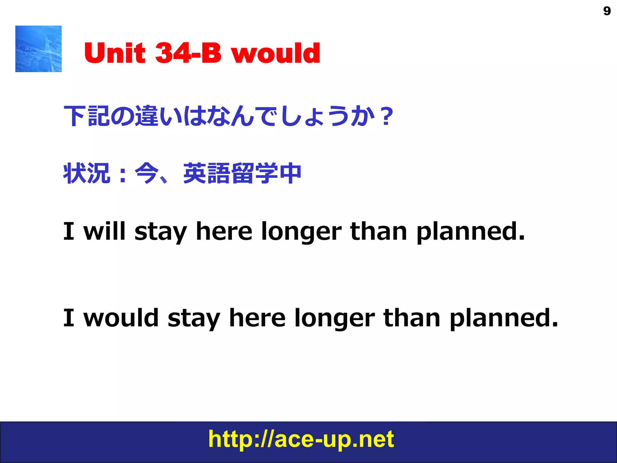 http://ace-up.net
9
Unit 34-B would
下記の違いはなんでしょうか？
状況：今、英語留留学中
I  will  stay  here  longer  than  planned.                  
I  would  stay  here  longer  than  planned. 　
 