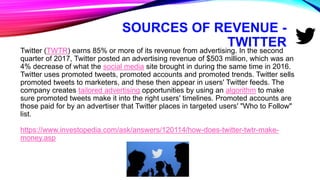 SOURCES OF REVENUE -
TWITTERTwitter (TWTR) earns 85% or more of its revenue from advertising. In the second
quarter of 2017, Twitter posted an advertising revenue of $503 million, which was an
4% decrease of what the social media site brought in during the same time in 2016.
Twitter uses promoted tweets, promoted accounts and promoted trends. Twitter sells
promoted tweets to marketers, and these then appear in users' Twitter feeds. The
company creates tailored advertising opportunities by using an algorithm to make
sure promoted tweets make it into the right users' timelines. Promoted accounts are
those paid for by an advertiser that Twitter places in targeted users' "Who to Follow"
list.
https://www.investopedia.com/ask/answers/120114/how-does-twitter-twtr-make-
money.asp
 