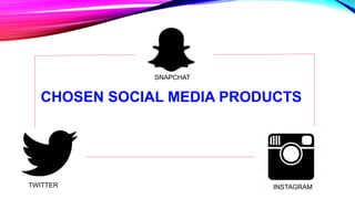 CHOSEN SOCIAL MEDIA PRODUCTS
SNAPCHAT
INSTAGRAMTWITTER
 