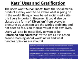 Katz’ Uses and Gratification
The users want ‘Surveillance’ from the social media
product as they want to be aware what is going on
in the world. Being a news based social media site
this I very important. However, it could also be
classed as a form of ‘Diversion’ from everyday
pressures as users can see the worlds problems and
not need to focus on themselves of their own lives.
Users will also be most likely to want to be
‘Informed and educated’ by the site as it is based
around learning about world news and what
peoples opinions are about it.
 