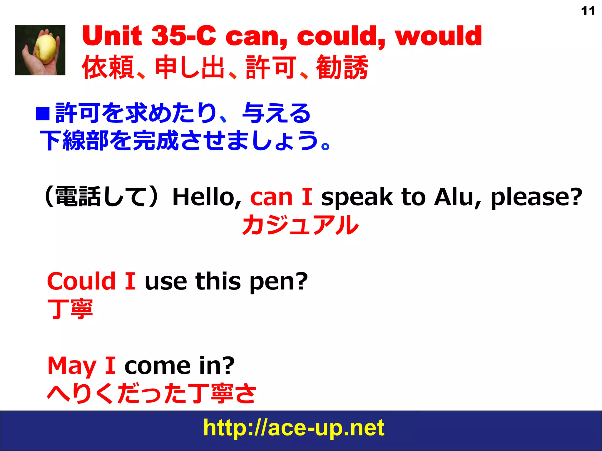 http://ace-up.net
11
Unit 35-C can, could, would
依頼、申し出、許可、勧誘
■許可を求めたり、与える
  下線部を完成させましょう。
  
（電話して）Hello,  can  I  speak  to  Alu,  please?
 　 　 　 　 　 　 　 　 　カジュアル
    Could  I  use  this  pen?
    丁寧
    May  I  come  in?
    へりくだった丁寧さ
 