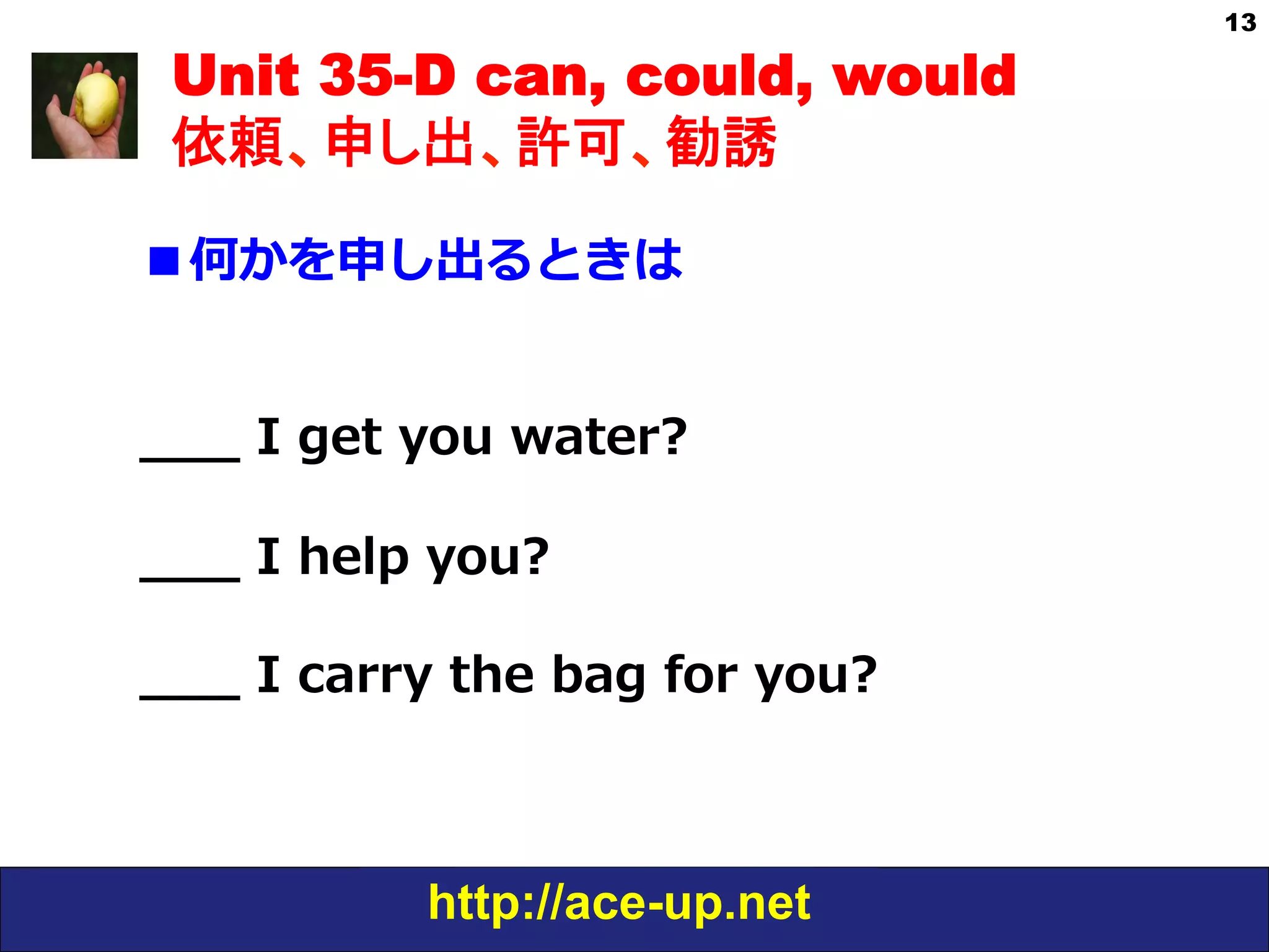 http://ace-up.net
13
Unit 35-D can, could, would
依頼、申し出、許可、勧誘
■何かを申し出るときは
  
_̲_̲_̲  I  get  you  water?
_̲_̲_̲  I  help  you?
_̲_̲_̲  I  carry  the  bag  for  you?
 