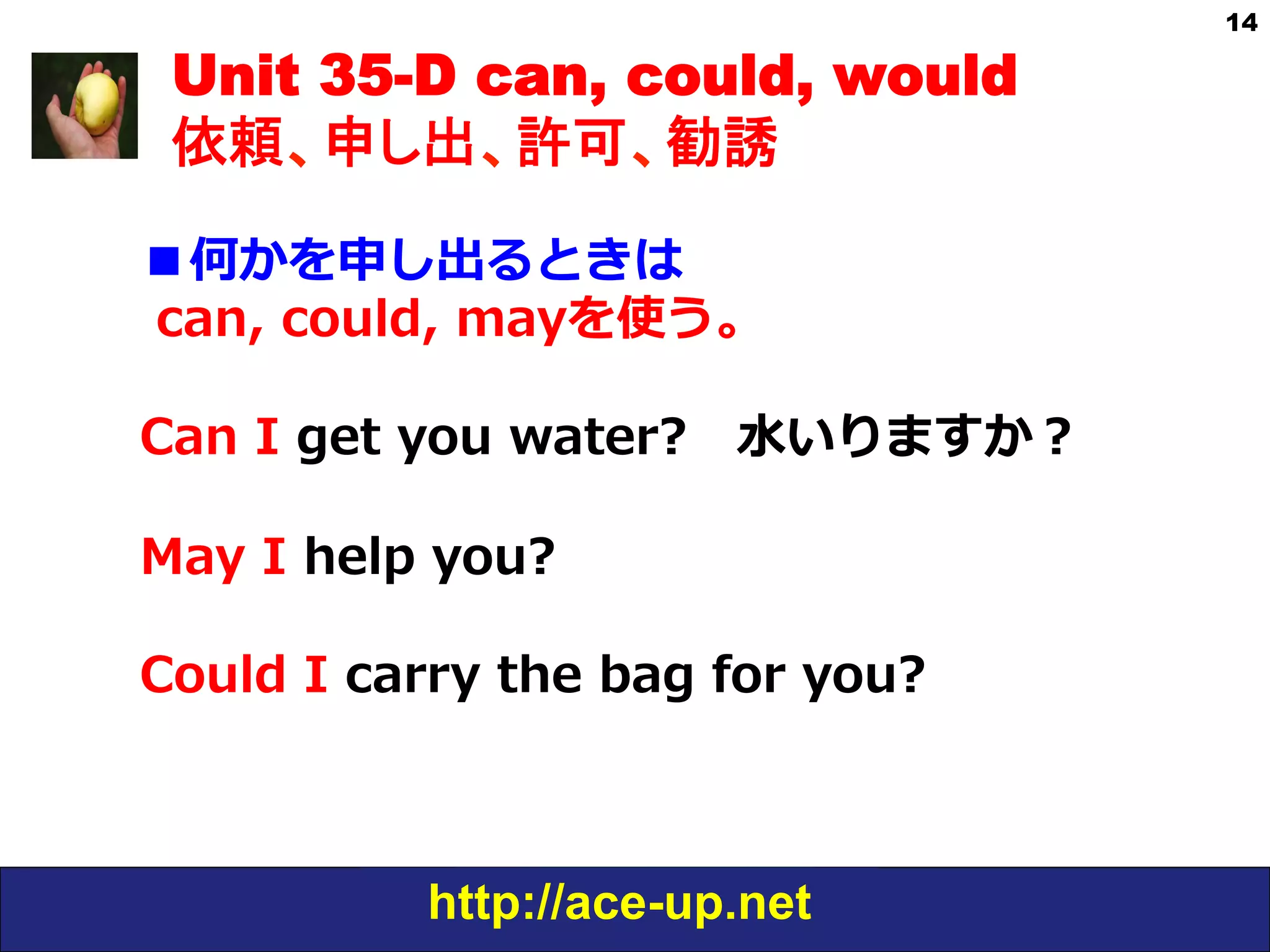 http://ace-up.net
14
Unit 35-D can, could, would
依頼、申し出、許可、勧誘
■何かを申し出るときは
  can,  could,  mayを使う。
Can  I  get  you  water? 　⽔水いりますか？
May  I  help  you?
Could  I  carry  the  bag  for  you?
 