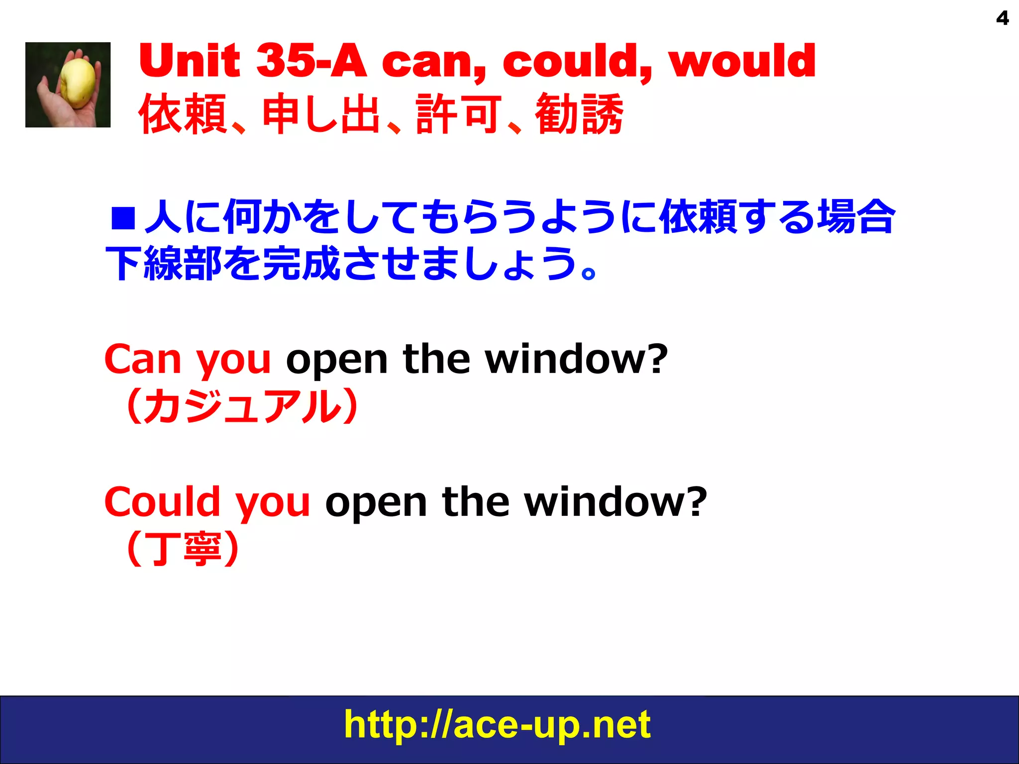 http://ace-up.net
4
Unit 35-A can, could, would
依頼、申し出、許可、勧誘
■⼈人に何かをしてもらうように依頼する場合
下線部を完成させましょう。
Can  you  open  the  window?  
（カジュアル）
Could  you  open  the  window?
（丁寧）
 