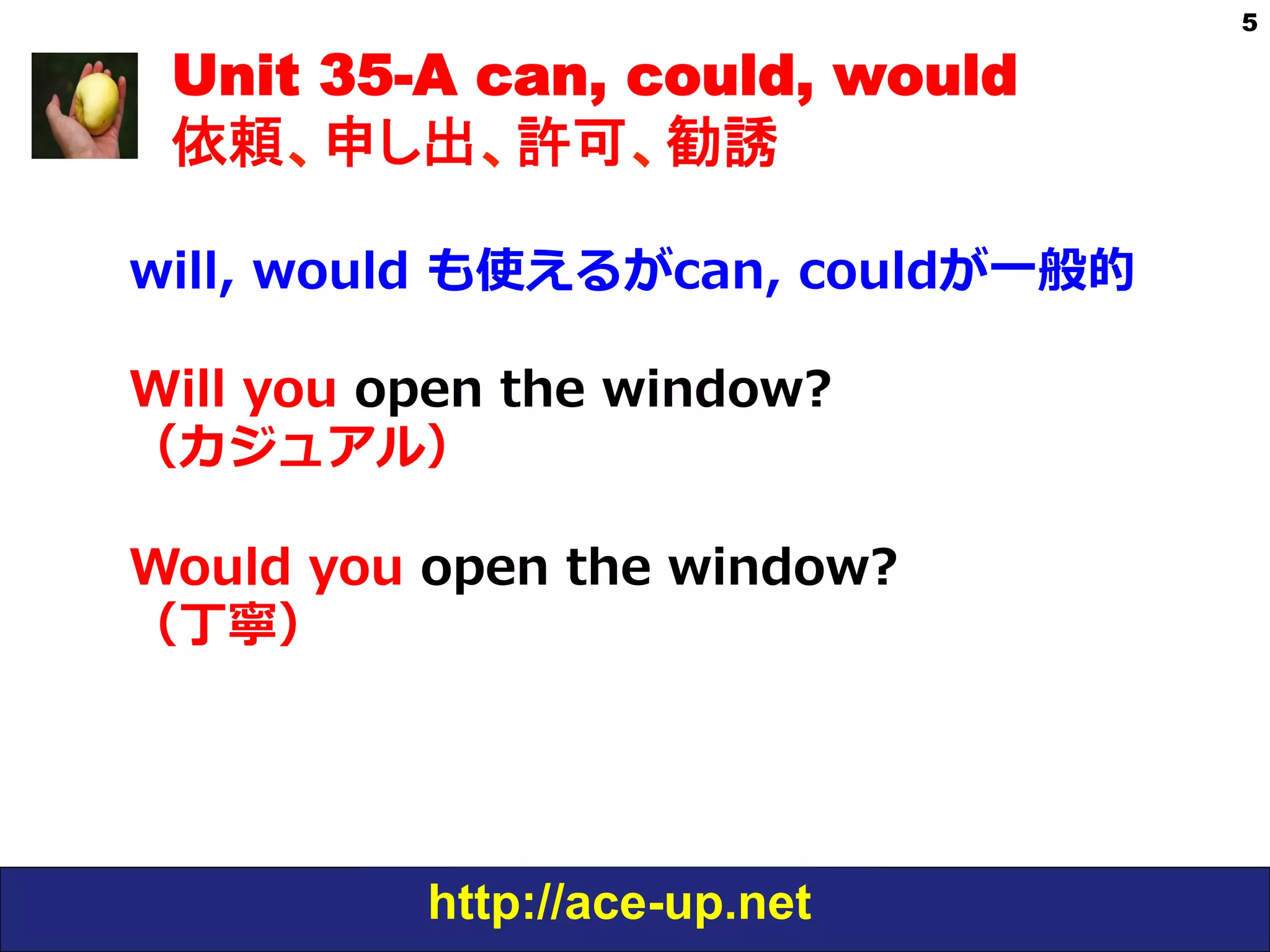 http://ace-up.net
5
Unit 35-A can, could, would
依頼、申し出、許可、勧誘
will,  would  も使えるがcan,  couldが⼀一般的
Will  you  open  the  window?  
（カジュアル）
Would  you  open  the  window?
（丁寧）
 