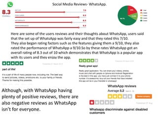 Social Media Reviews- WhatsApp.
Here are some of the users reviews and their thoughts about WhatsApp, users said
that the set up of WhatsApp was fairly easy and that they rated this 7/10.
They also began rating factors such as the features giving them a 9/10, they also
rated the performance of WhatsApp a 9/10.So by these rates WhatsApp got an
overall rating of 8.3 out of 10 which demonstrates that WhatsApp is a popular app
with its users and they enjoy the app.
Although, with WhatsApp having
plenty of positive reviews, there are
also negative reviews as WhatsApp
isn’t for everyone.
 