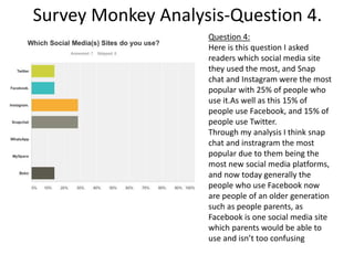 Survey Monkey Analysis-Question 4.
Question 4:
Here is this question I asked
readers which social media site
they used the most, and Snap
chat and Instagram were the most
popular with 25% of people who
use it.As well as this 15% of
people use Facebook, and 15% of
people use Twitter.
Through my analysis I think snap
chat and instragram the most
popular due to them being the
most new social media platforms,
and now today generally the
people who use Facebook now
are people of an older generation
such as people parents, as
Facebook is one social media site
which parents would be able to
use and isn’t too confusing
 