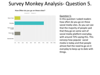 Survey Monkey Analysis- Question 5.
Question 5:
In this question I asked readers
how often do you go on these
social media sites. As you can see
that the majority of people said
that they go on some sort of
social media platform everyday,
with around 72% saying this. This
conveys how popular social
media is today and that people
almost feel the need to go on it
everyday to keep up to date with
things.
 