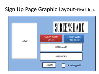 Sign Up Page Graphic Layout-First Idea.
USERNAME
PASSWORD
LOG IN Stay Logged in
LOGO
LOG IN WITH
GMAIL
LOG IN WITH
FACEBOOK
 
